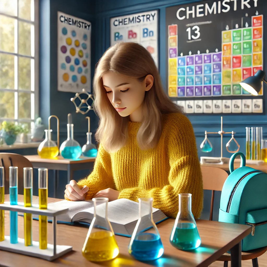 DALL·E 2024-09-03 13.54.53 – A realistic image of a 13-year-old girl studying chemistry, focusing on an experiment in a classroom. The girl is wearing a yellow sweater and has a t