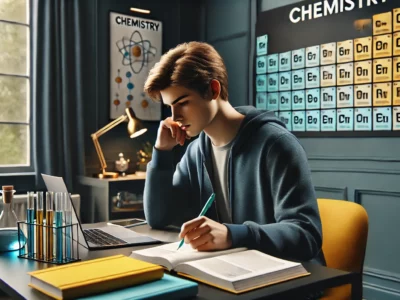 DALL·E 2024-09-03 13.59.31 – A realistic image of an 18-year-old student studying for a chemistry exam. The student is sitting at a desk with chemistry textbooks, notes, and a lap Korepetycje Online z Chemii Rozszerzonej – Przygotowanie na Maturę z Arkuszami