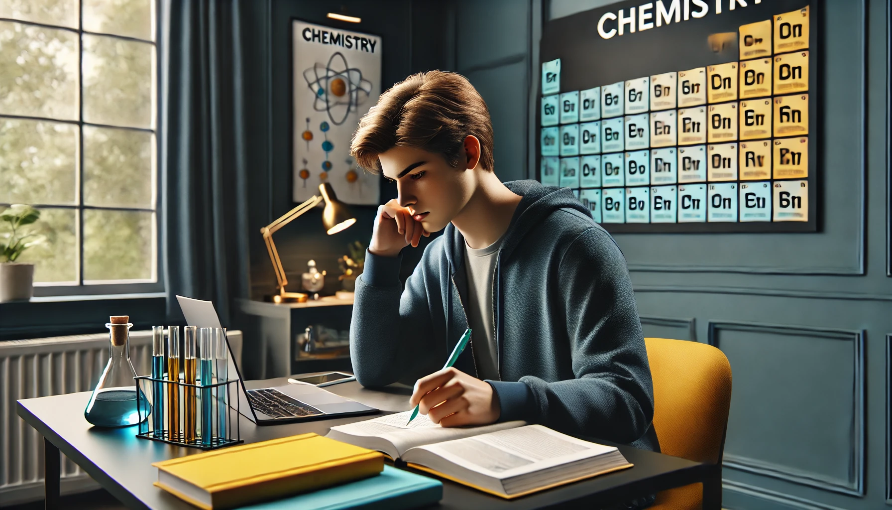 DALL·E 2024-09-03 13.59.31 – A realistic image of an 18-year-old student studying for a chemistry exam. The student is sitting at a desk with chemistry textbooks, notes, and a lap